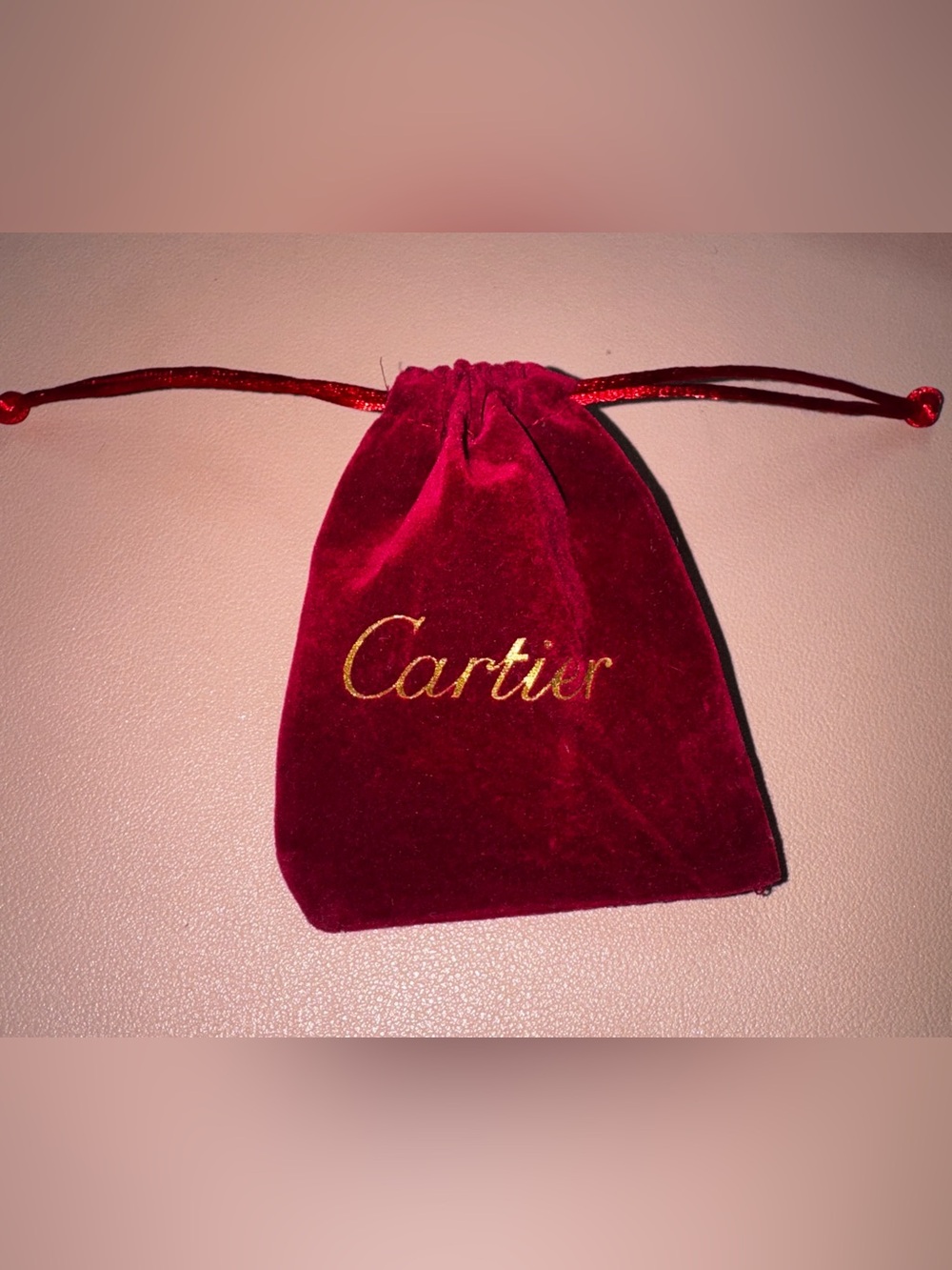Vintage Cartier Red Burgundy Velvet Jewelry Pouch Drawstring Gold Logo